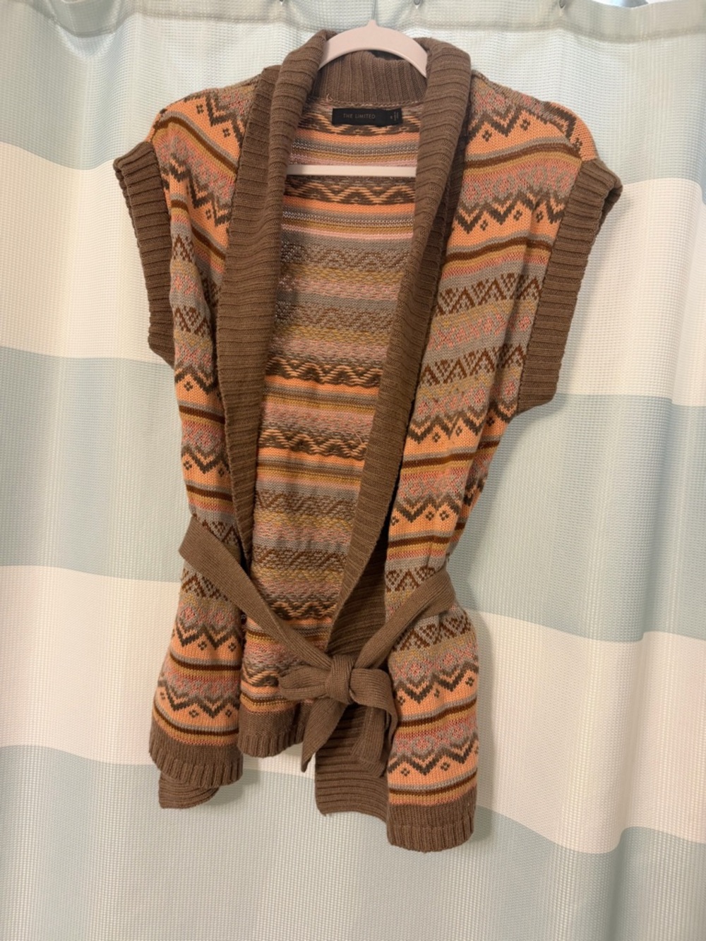 The Limited Brown and Peach Patterned Belted Sweater Vest